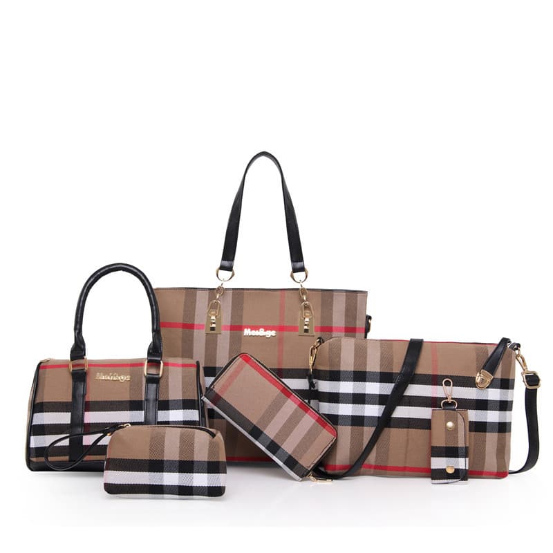 2025 New Women's Bag Fashion Plaid Canvas Mother-to-Flow Bag Six-Piece Set Portable Shoulder Bag European and American Style Women's Bag Wholesale