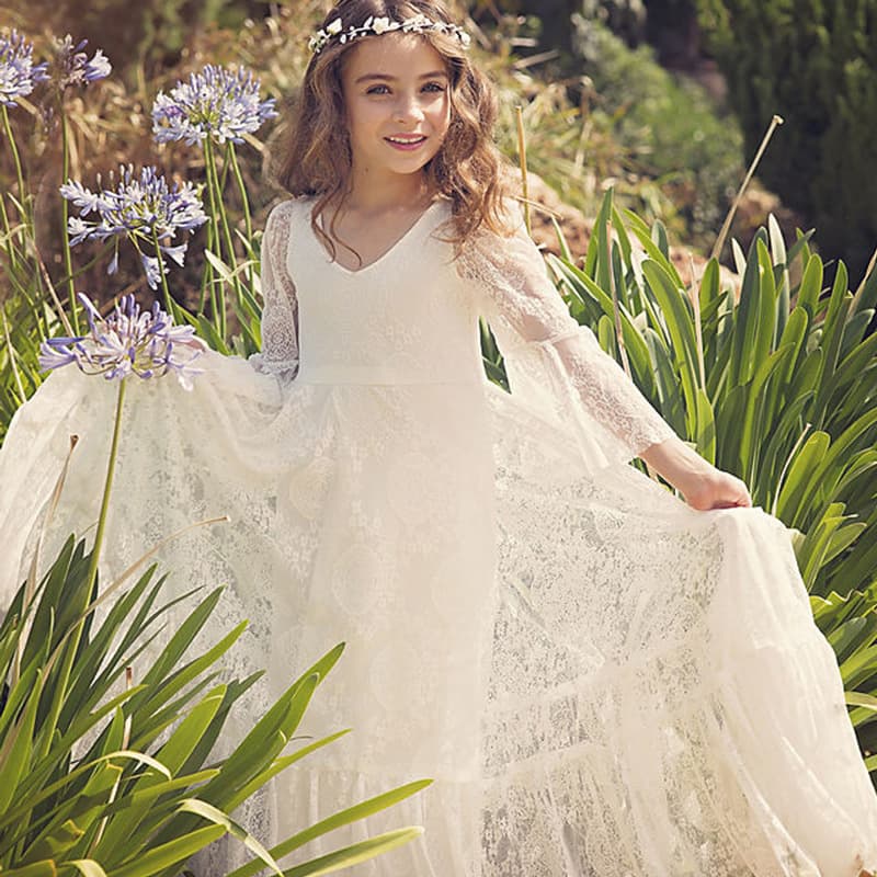 Girls Lace Long Sleeve Round Neck Dress Children's Performance Outfit Floral Toddler Dresses ABao Sisters Brand Polyester Fiber