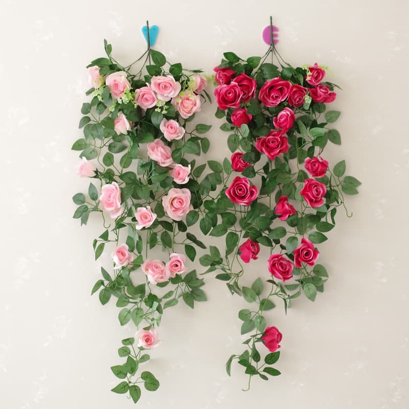 Simulated Rose Spider Plant Basket Floral Living Room Decoration Fake Flower Plastic Vine Strips Leaf Green Plant Wall Hanging Wholesale