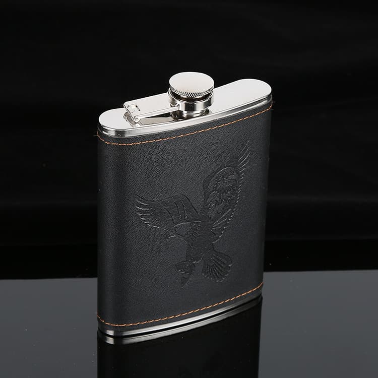 Factory Wholesale Stainless Steel Liquor Flask, 6oz Black Leather Wrap Eagle Jack Daniels Portable Personal Bottle