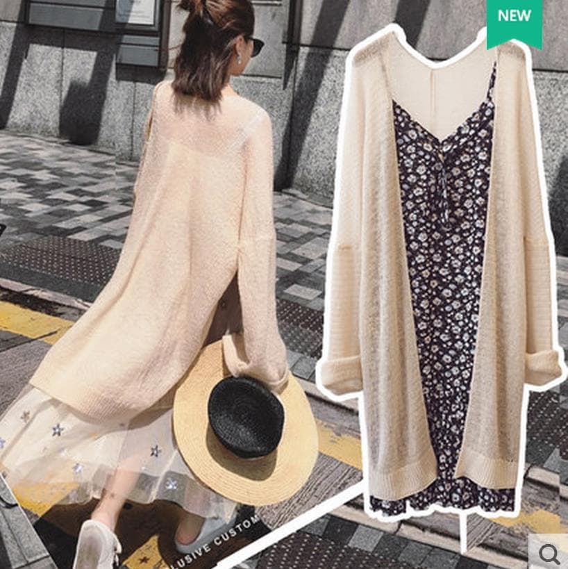 Thin Chic Loose Long-Sleeved Air Conditioning Cardigan New Lazy Style Mid-Length Knit Sweater Jacket Women's Sun Protection Open Front Summer