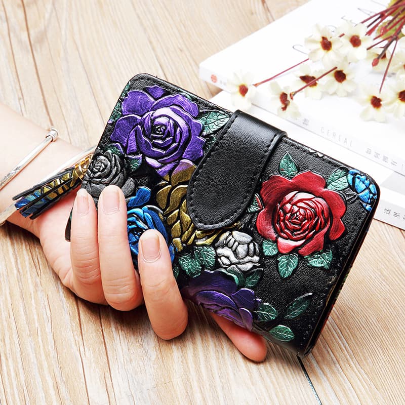 Women's Short Wallet Genuine Leather Cowhide Card Holder Purse Mini Coin Purse Multifunctional Foldable