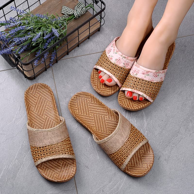 Summer Indoor Unisex Anti-Slip Thick Sole Couple Home Wood Floor Rattan Grass Slippers