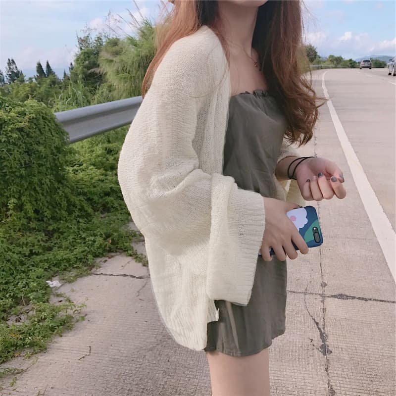 2023 Summer Korean Style Beach V-neck College Style Student Loose Sun Protection Cardigan Thin Jacket Women's Fashionable Knitted Cardigan