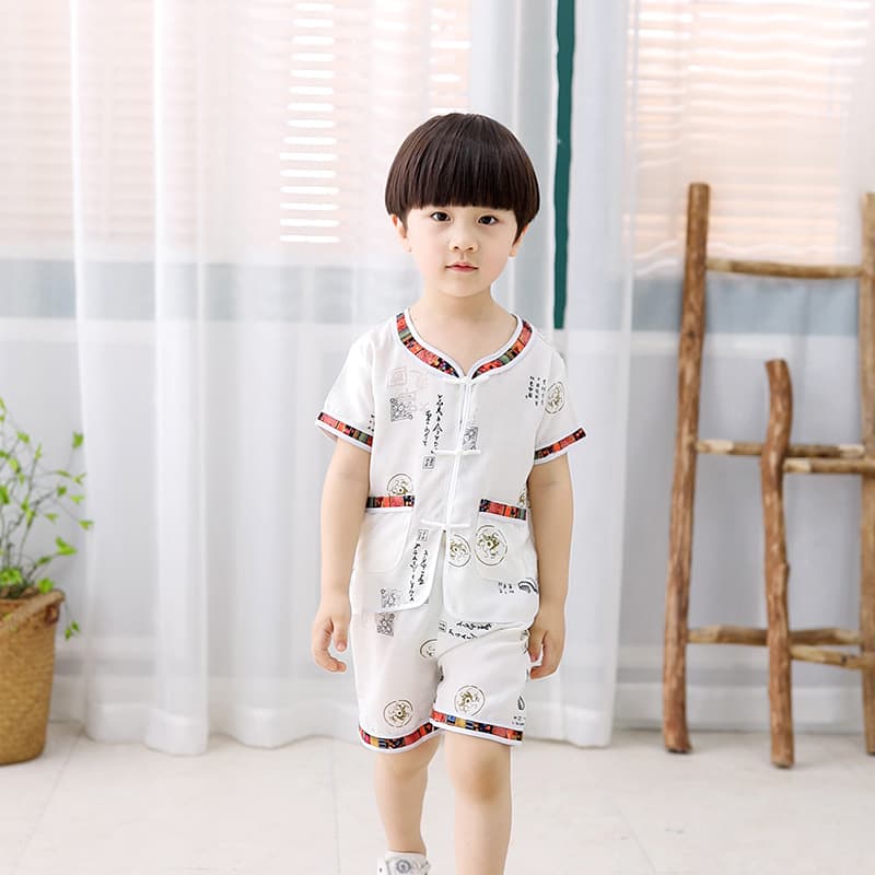 Boys' Tang Suit Set, Hanfu Chinese Style, Cotton Linen Short Sleeve and Shorts, New Summer