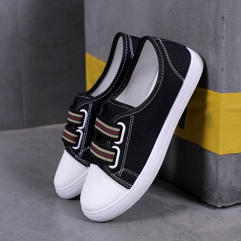 New Spring/Summer Large Size Canvas Shoes for Women, Student Shoes with Elastic Band, Round Toe, Flat Heel, White Sneakers