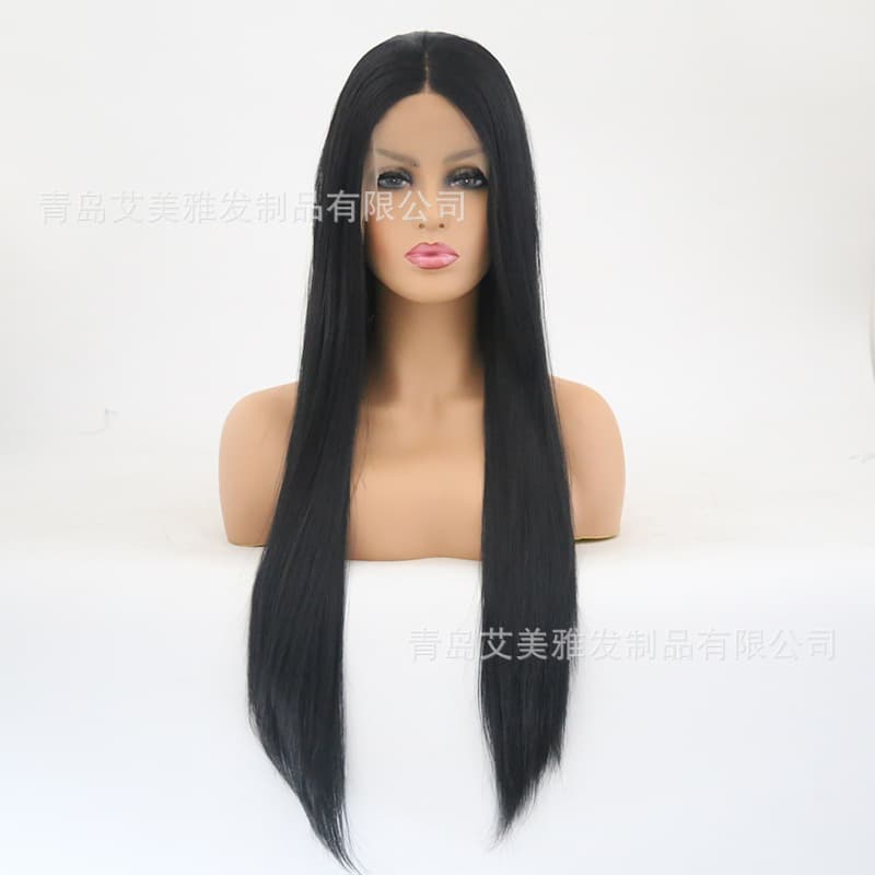 Manufacturer Supplies Front Lace Half Hand Hook European and American Style Black Real Hair Middle Parted Long Straight Hair Chemical Fiber Wig Headgear