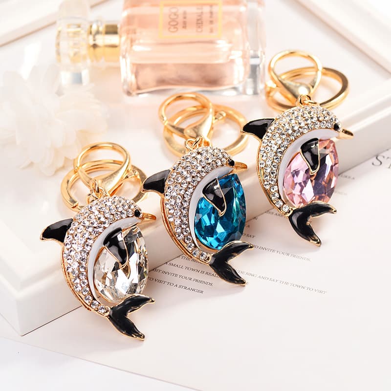 Luxury Fashion Car Accessory for Women, Small Fish Keychain Alloy with Rhinestones, Little Dolphin Keychain Bag Charm