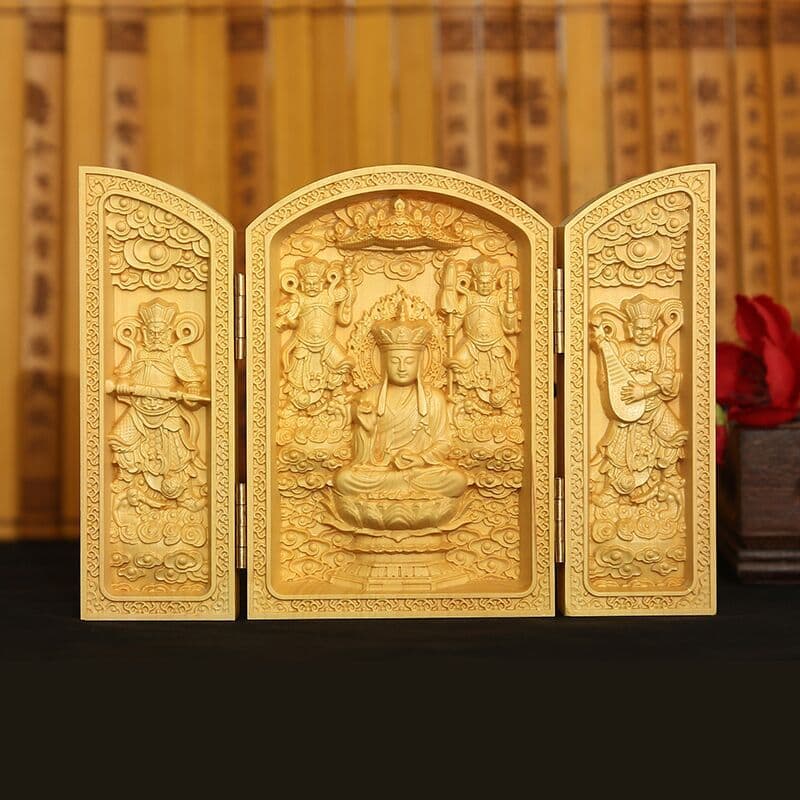 Factory Wholesale Boxwood Carved Buddha Statue Ornament Three-Panel Box Western Three Saints Carved Wooden Buddhist Craft Gift