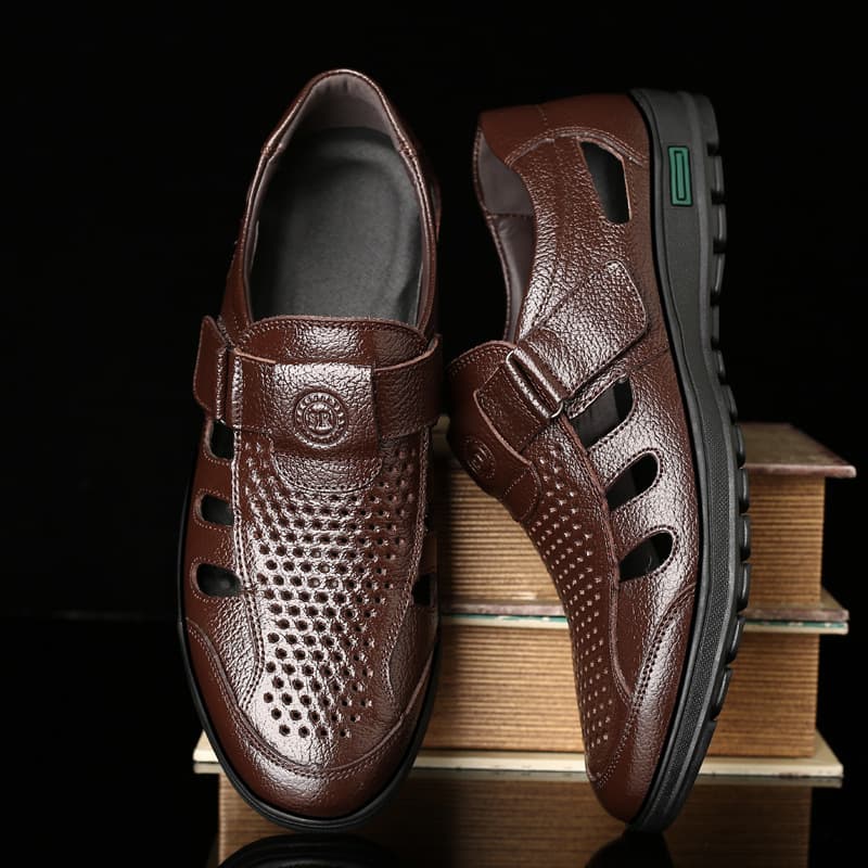 Men's Summer Hollow Breathable Genuine Leather Sandals Business Formal Korean Trendy Black Casual Shoes Rubber Outsole