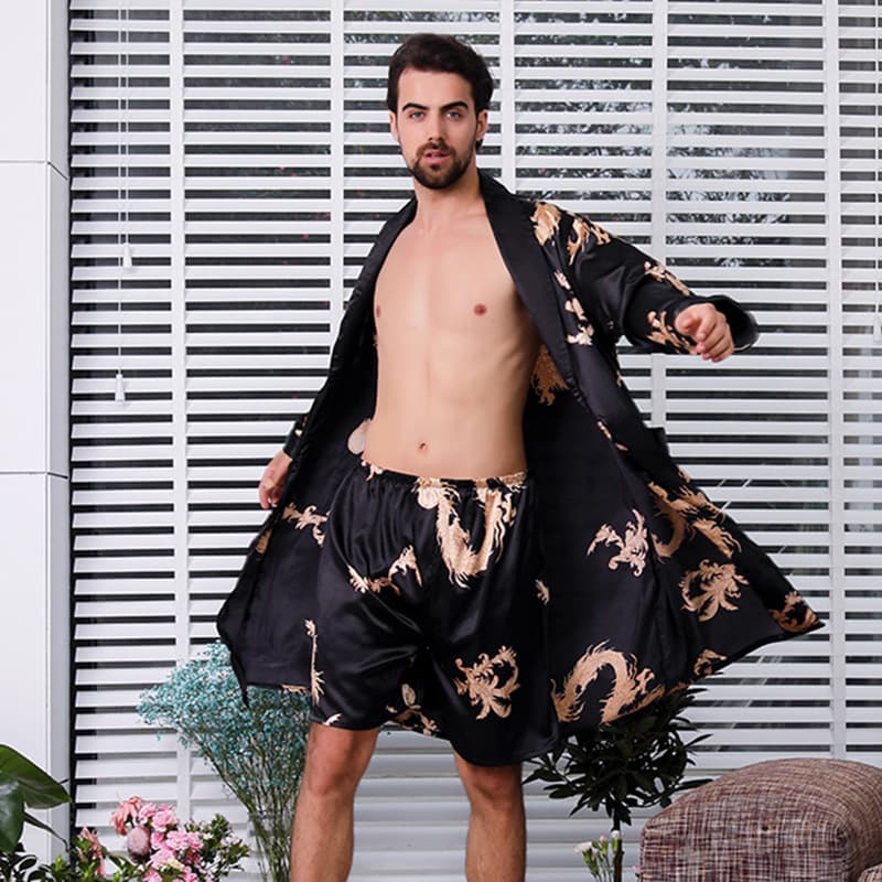 Men's Silk Pajama Shorts Two-Piece Set Summer Thin Nightgown Dragon Robe Bathrobe 88003-2 Casual Style
