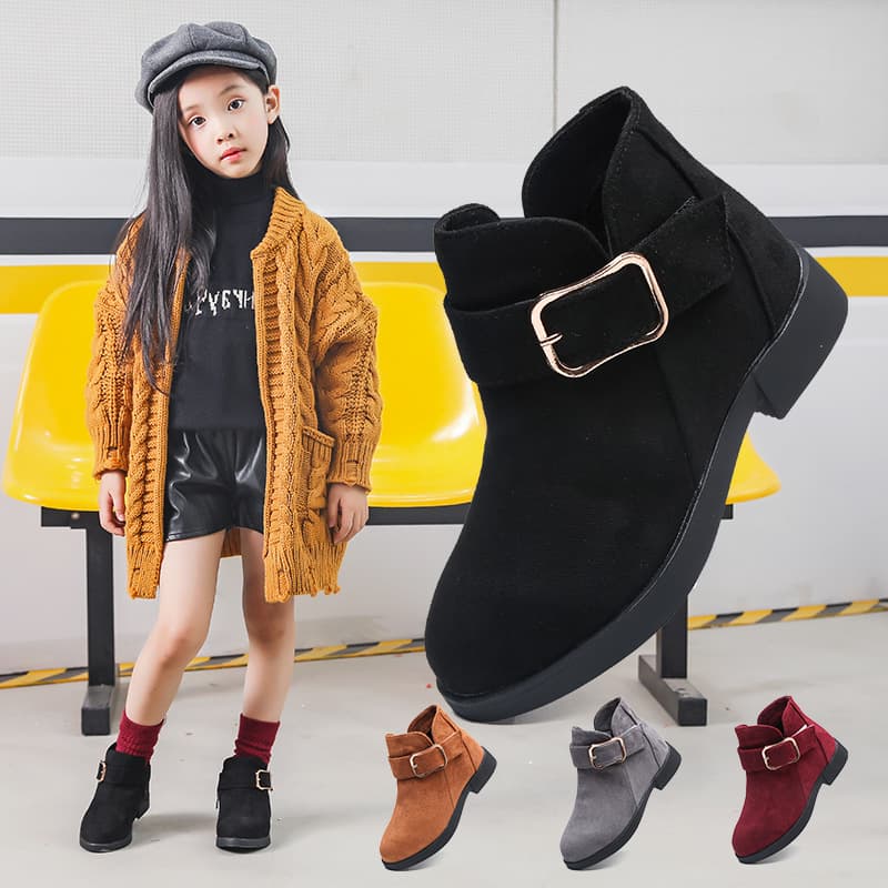 2025 Spring and Autumn New Children's Boots Princess Shoes Buckle Short Boots Medium and Large Children's Suede Leather Boots Girls' Fashion Boots Trendy