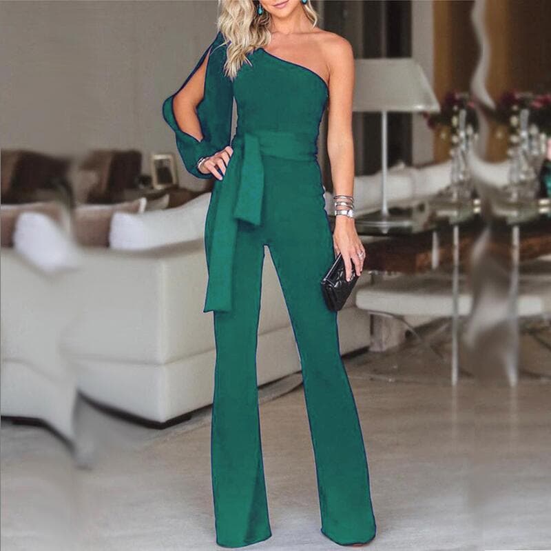 2026 Spring Cross-Border Bestseller Amazon New Women's One-Shoulder High-Waist Tie Solid Slim Sexy Jumpsuit