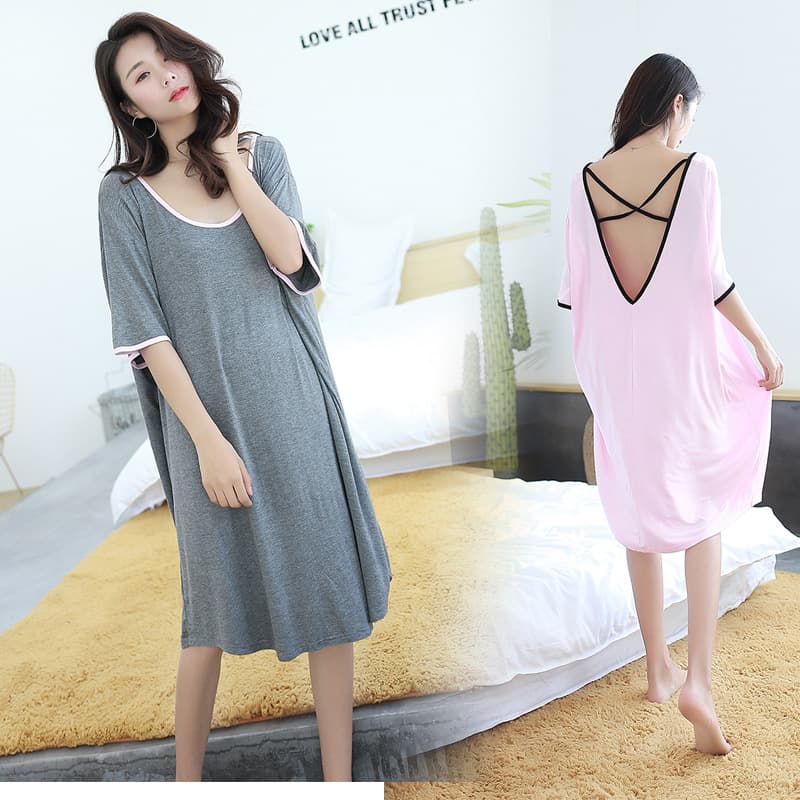 Modal Sleep Dress Women Summer Short Sleeve Plus Size 200lbs Nightgown Thin Backless Home Wear Maternity Dress