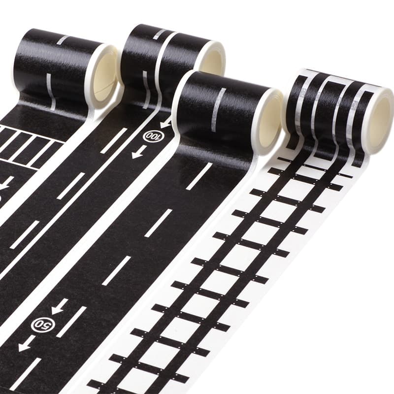 Children's cartoon DIY road and rail transit washi tape, featuring cars, trains, and curve stickers.