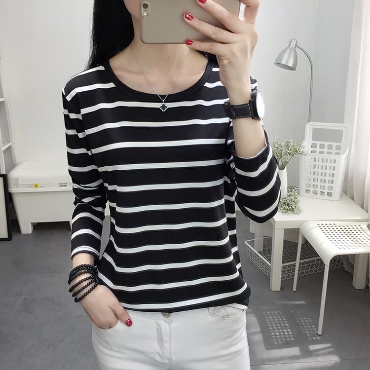 Slim Fit Long Sleeve Round Neck Striped T-Shirt Women's Summer Casual Wear Outerwear Comfortable Polyester Blend Top
