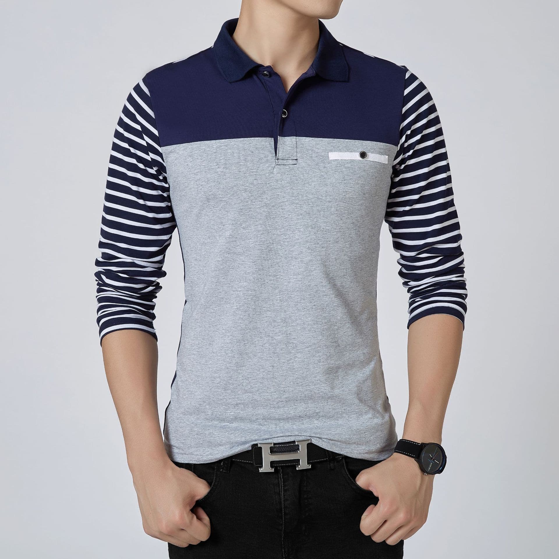 2026 Spring New Men's Long Sleeve T-Shirt Slim Fit Men's Polo Shirt Striped Collar Custom Men's T