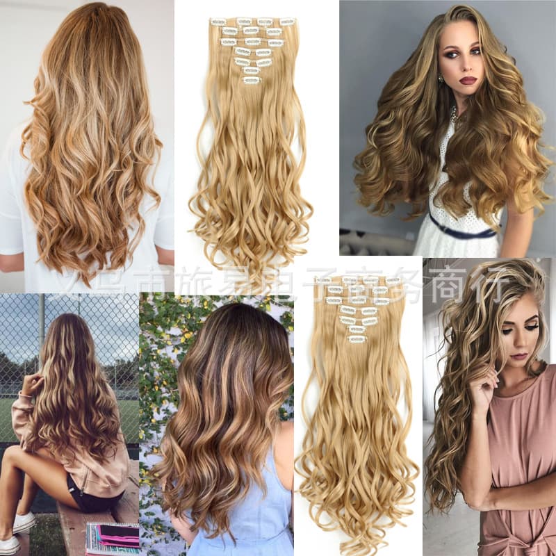 Seamless Large Curl Synthetic Hair Extensions 16 Cards Set Long Hair Pieces No Trace Hair Clips Chemical Fiber Waves Hair Extensions