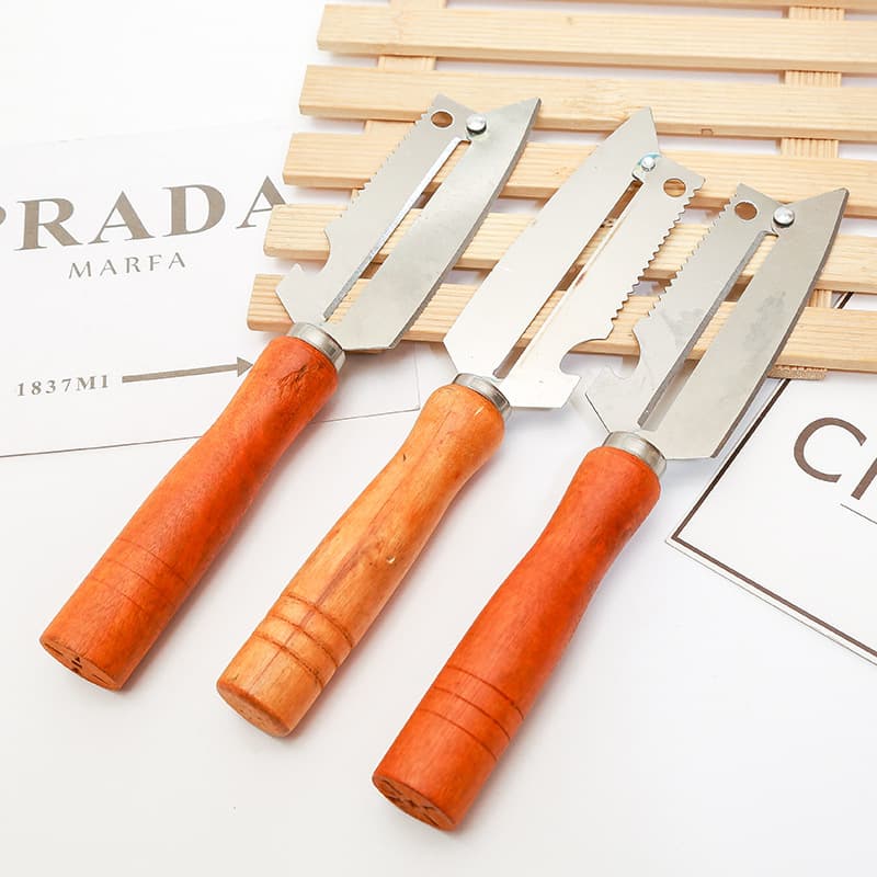Wooden Handle Four-in-One Plane Stainless Steel Fruit Peeler Scraper Multi-functional Peeler Kitchen Melon and Fruit Peeler Fish Scale Scraper