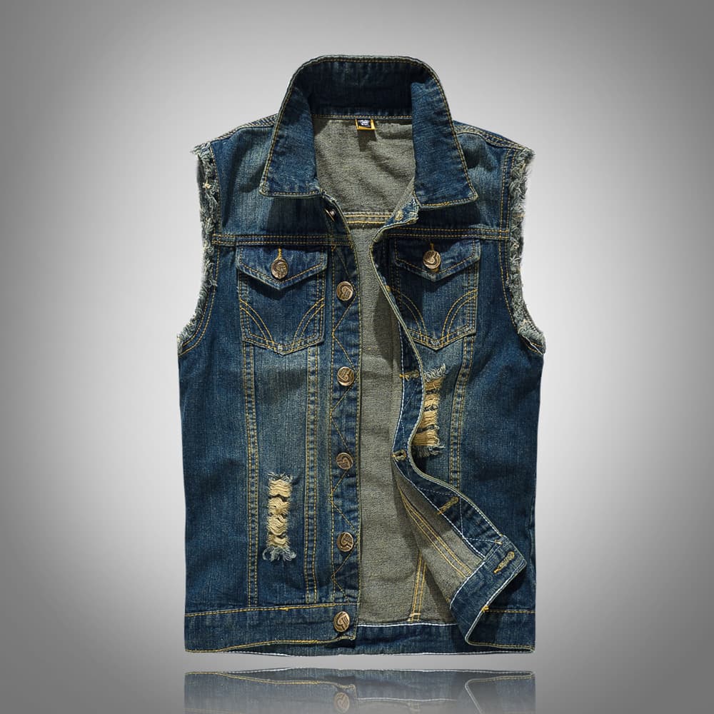 Men's Korean style slim fit trendy denim vest, plus size, export motorcycle vest, ripped men's tank top