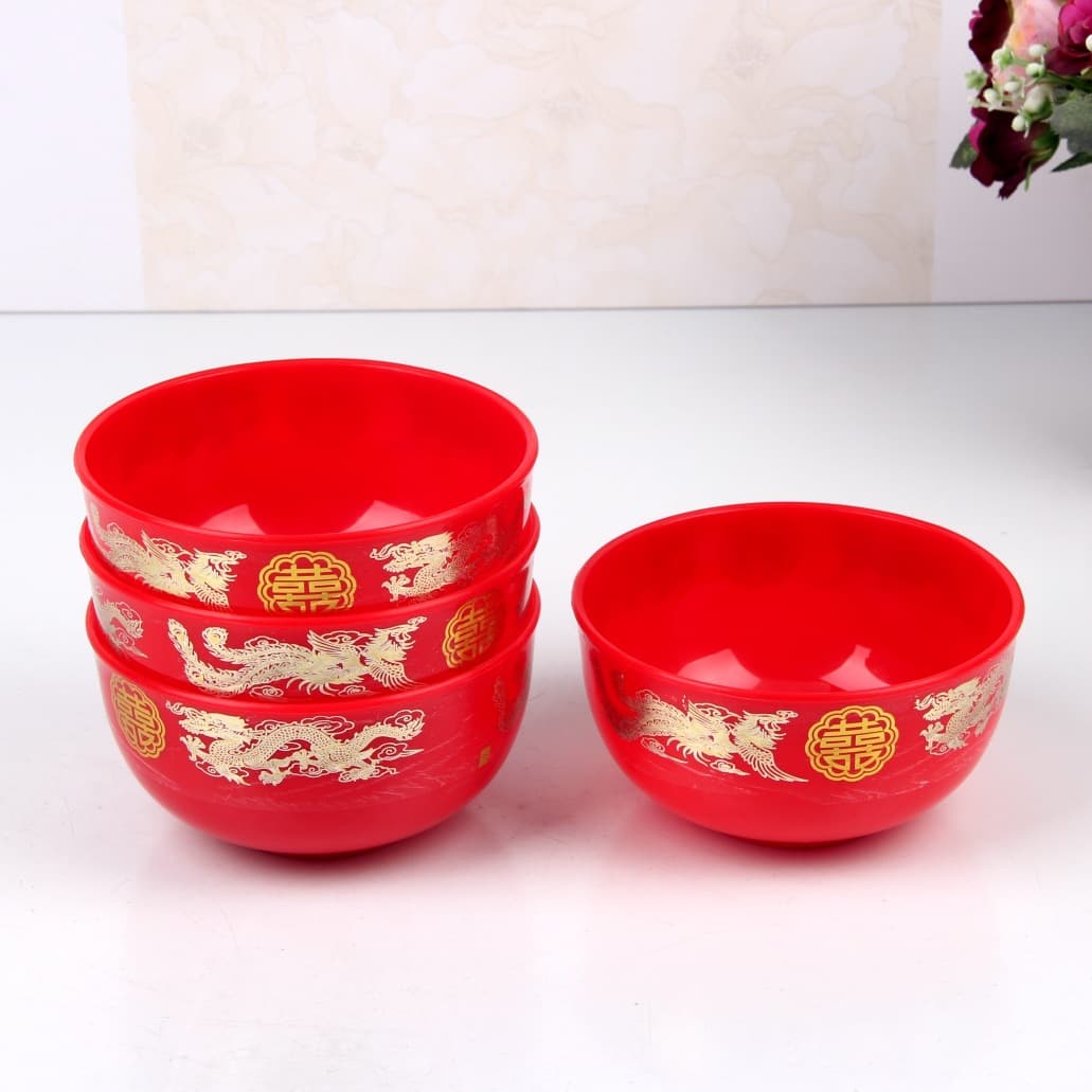 Wedding Bowl and Chopsticks Red Plastic Bowl Wedding Celebration Props Dowry Happy Bowl Wedding Pair Bowl Dragon Phoenix Bowl Wholesale