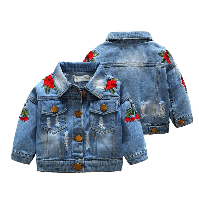 Wholesale Import/Export Children's Rose Embroidered Short Denim Jacket with Lapel, European and American Fashion Style for Boys and Girls