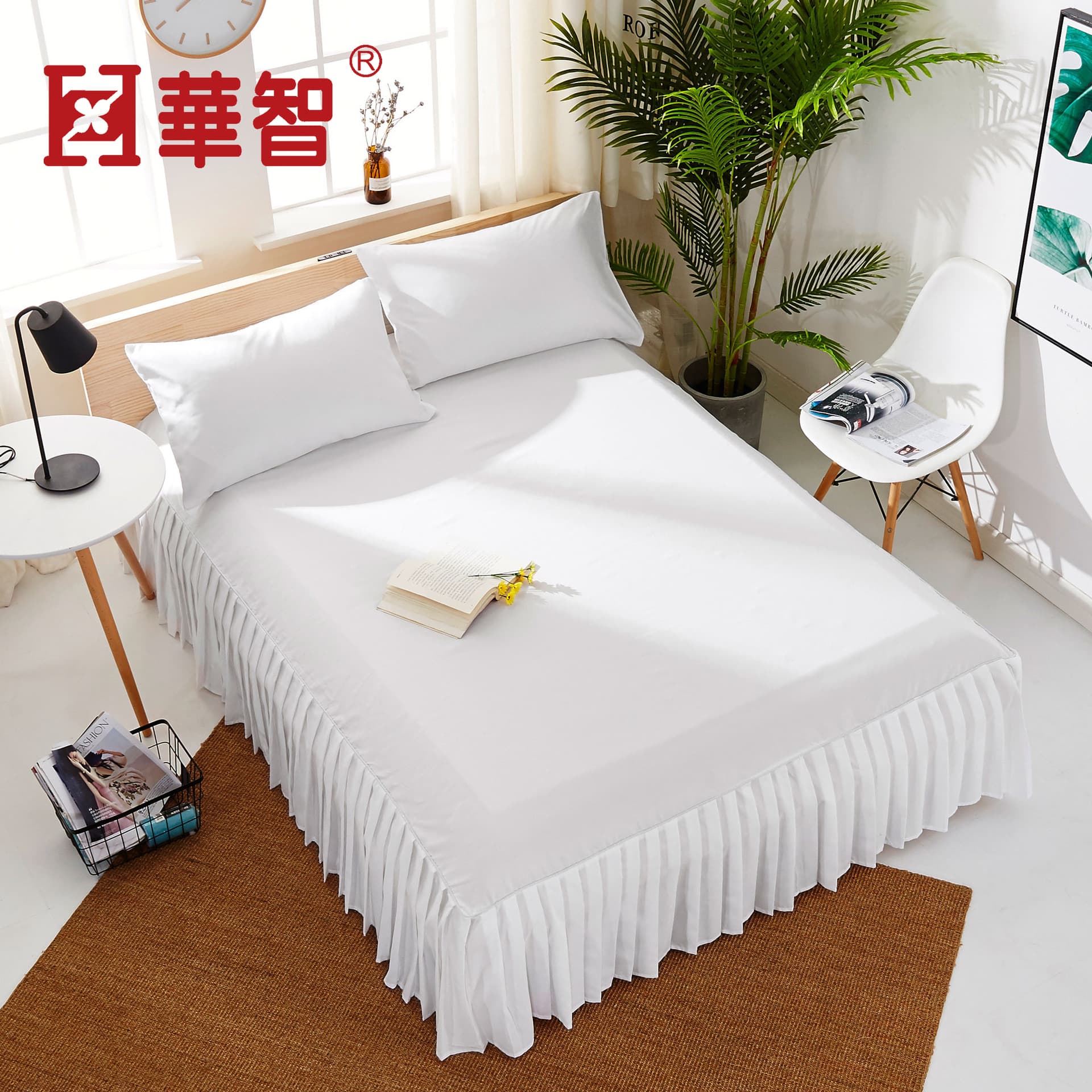 CQ001 European Style White Pleated Bed Skirt Hotel 1.8m Fitted Sheet Brushed Solid Color Beauty Bed Cover