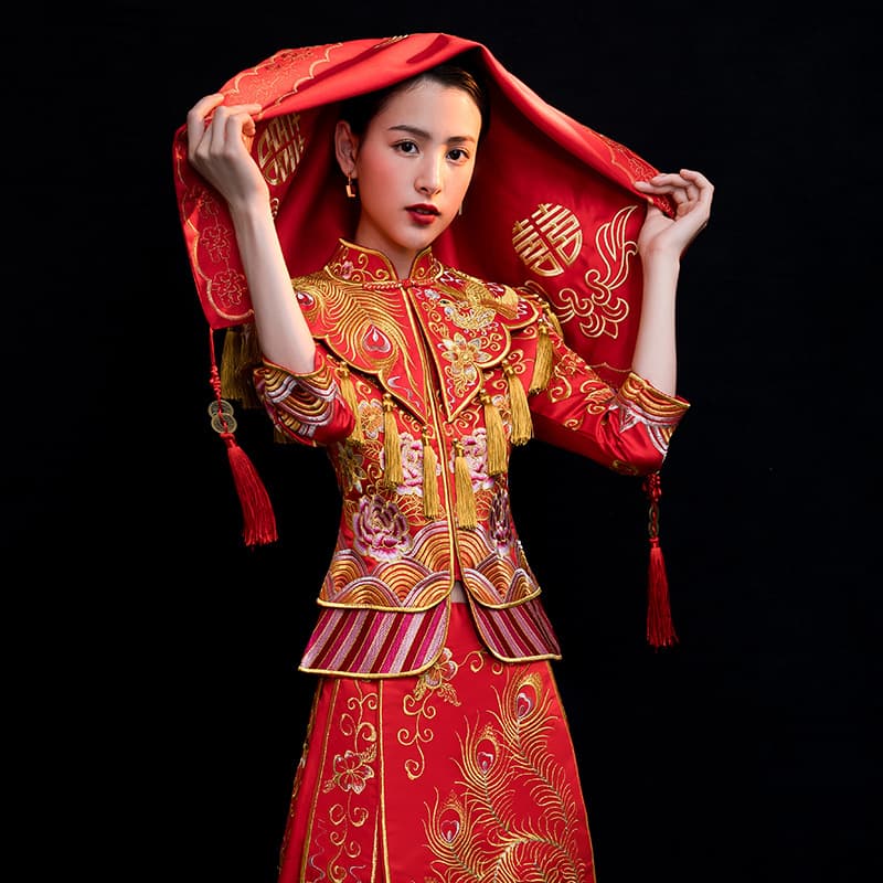 Bride red hijab wedding Chinese style red hijab Xiuhe suit hijab embroidered Hijab embroidery red hijab ancient costume scarf