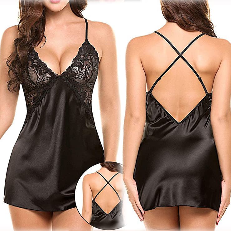 European and American Foreign Trade Sex Lingerie Sexy Imitation Ice Silk Back Cross Sling Nightgown Sexy Set