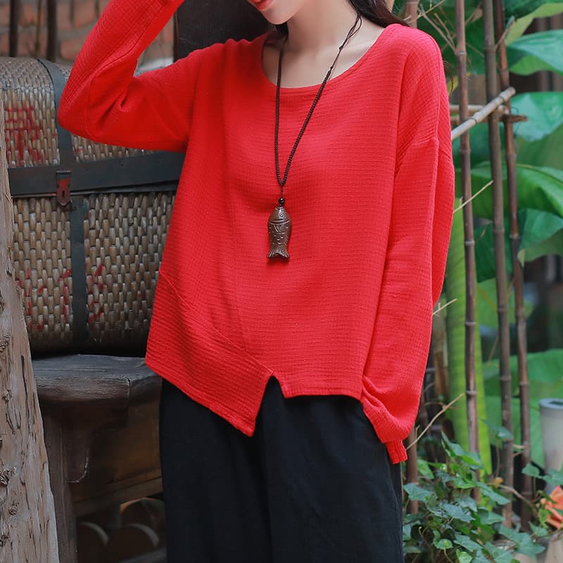 2026 Autumn Linen Cotton Women's Casual Loose Round Neck Long Sleeve T-Shirt
