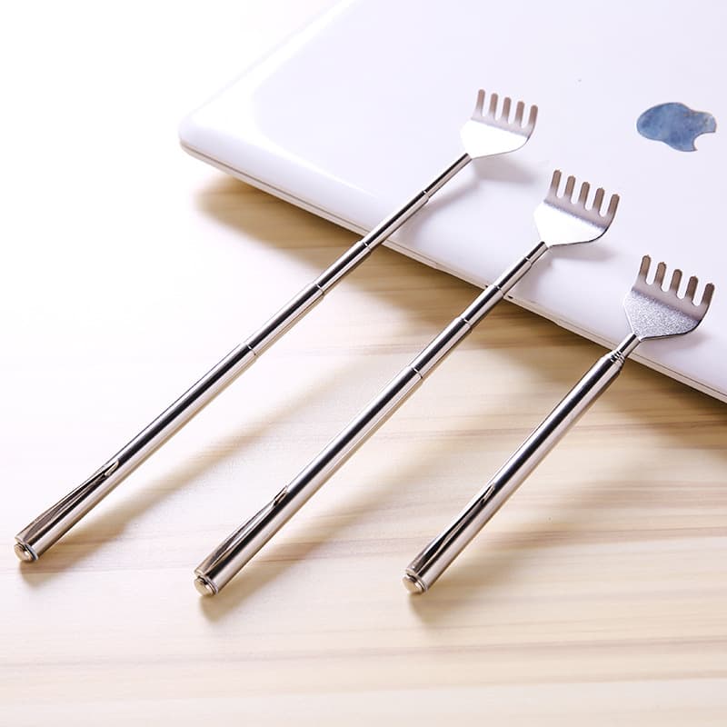 Stainless steel pen-style extendable back scratcher for self-sufficient back itching relief