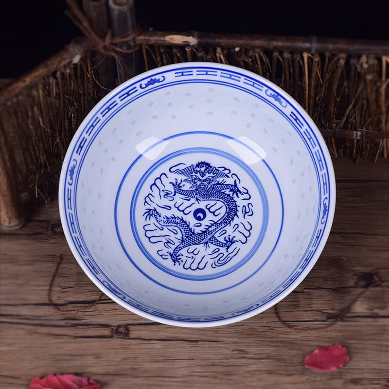 Blue and white porcelain bowl rice bowl Chinese style retro nostalgic household underglaze color Jingdezhen porcelain plus word printing logo dessert bowl
