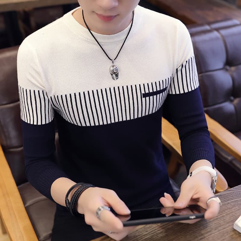 Cross-border Men's Long Sleeve Round Neck Color Block Vertical Stripe Sweater Trendy Youth Korean Slim Fit Pullover Knitwear