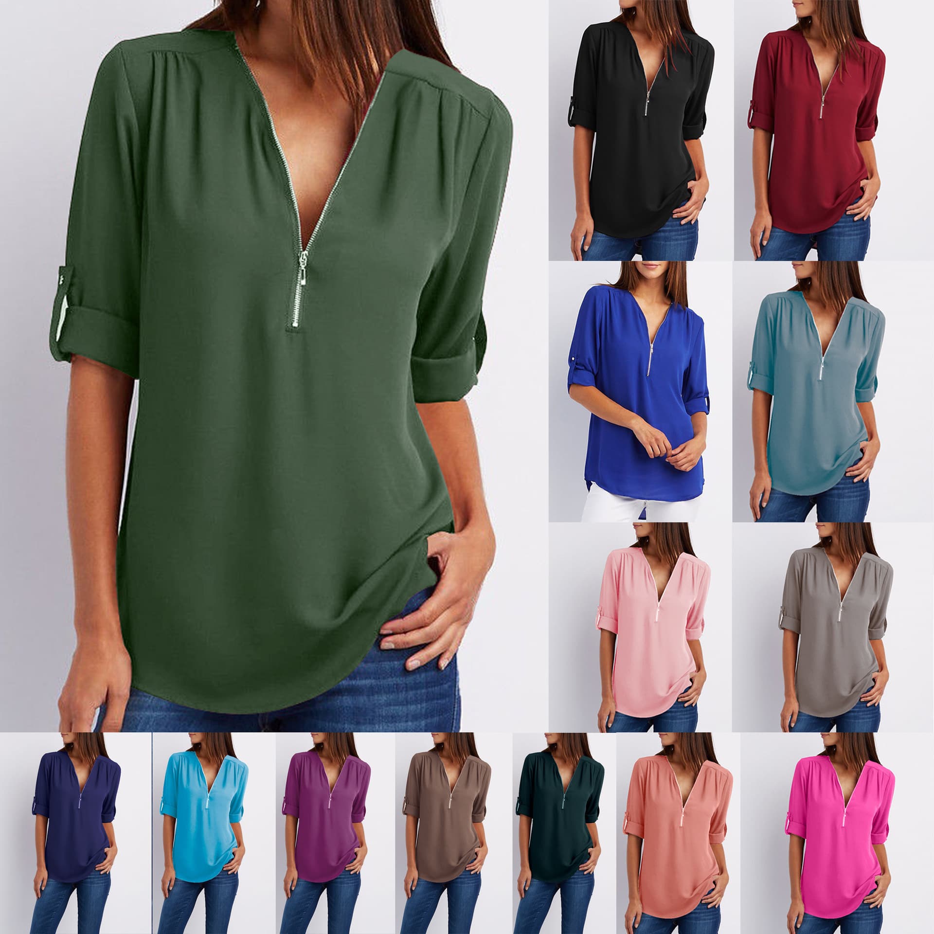 2023 eBay European and American Blouse V-Neck Zipper Plus Size Women's Long Sleeve Roll-Up Loose Chiffon Top
