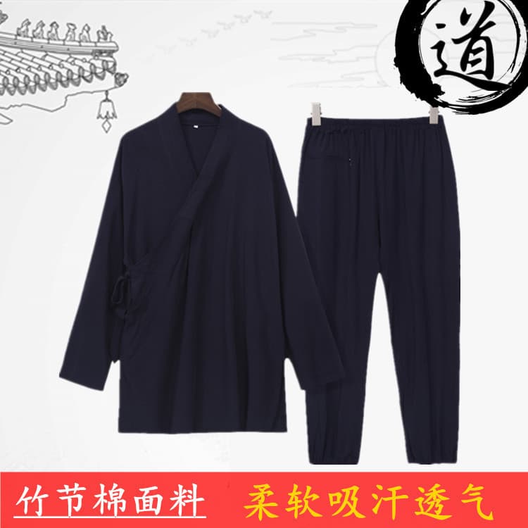 Factory Direct Side-Open Bamboo Joint Linen Diagonal-Cut Three-Collar Spring/Summer Tai Chi Suit Unisex Cotton-Linen Long Robe Set