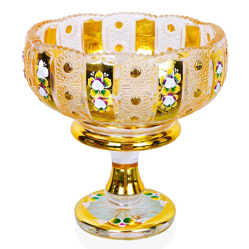 Enamel Painted Gold-Plated Crystal Stemmed Glass Fruit Plate Modern Home Decor Gift for Fruits Vegetables and Dried Fruits