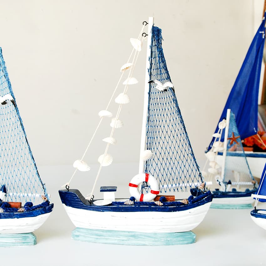 Mediterranean Style Home Furnishing Desktop Decorations Small Net Boat Model Marine Wooden Canvas Sailing Boat with Net