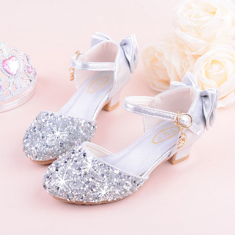 Girls' Sandals High Heel 2024 Summer Rhinestone Bow Princess Model Performance Crystal Flats Silver New Trendy