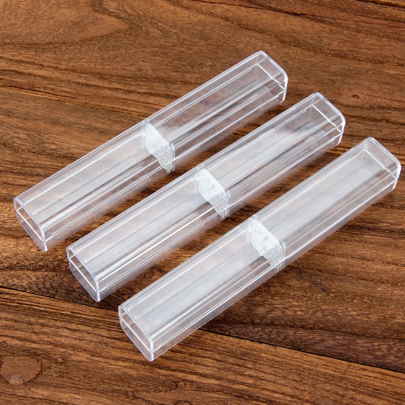 In stock acrylic plastic rectangular or square pen cases, printable with logo, individually packaged, transparent crystal pen boxes.
