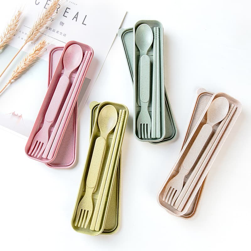 Creative Japanese Korean Wheat Straw Spoon Fork Chopstick 3-Piece Set Portable Kids Cutlery Outdoor Travel Dining Set
