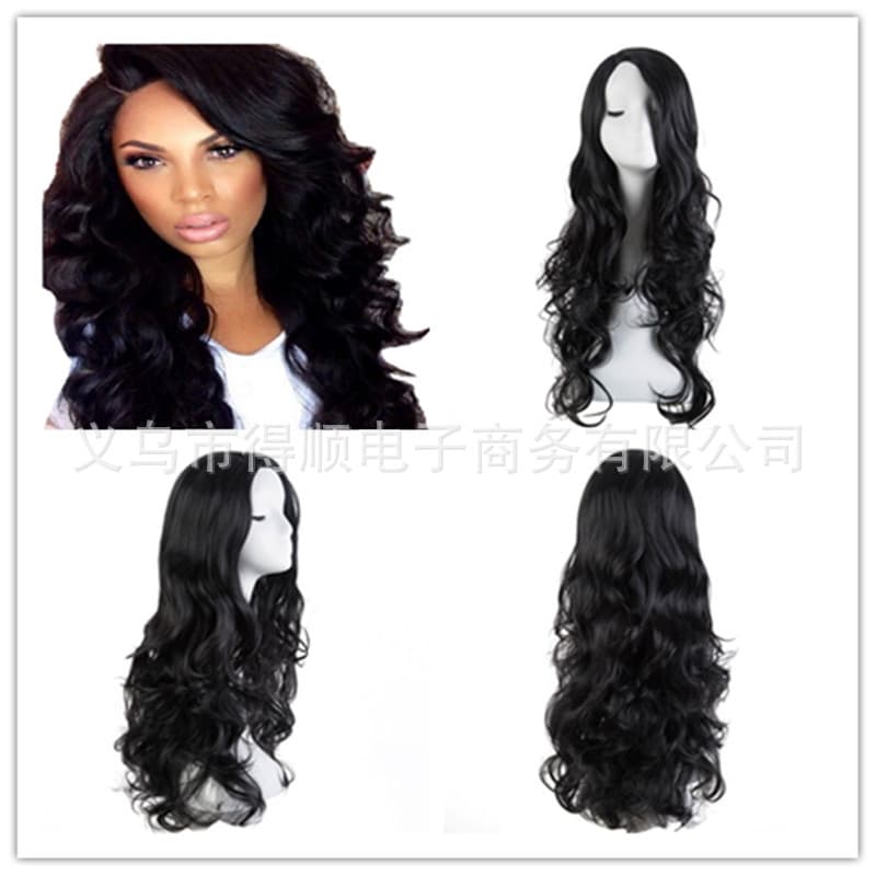 Fashion Non-Mainstream Wig Black Export Fiber Long Curly Hair High-Temperature Silk Middle Part Right Side Part Black Women's Wig