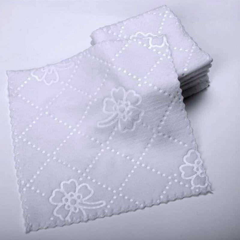 180g Trimmed Lace Small Square Towel 21*21, Ultrasonic Hotel White Wet Wipes, Kitchen Cloths, Disposable Products