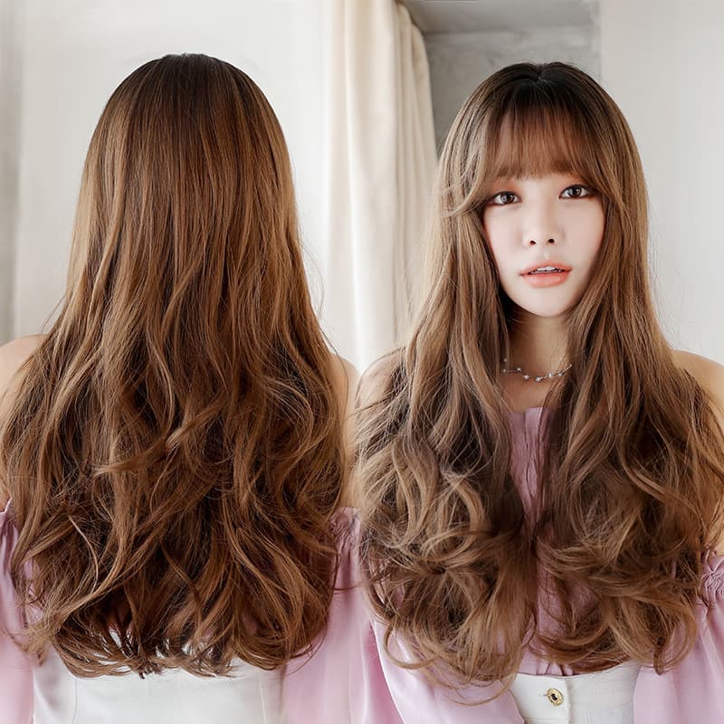 Women's Wig Long Hair Slightly Curled Long Wavy Loose Natural Realistic Korean Synthetic Fiber Wig Wig Cap in Stock