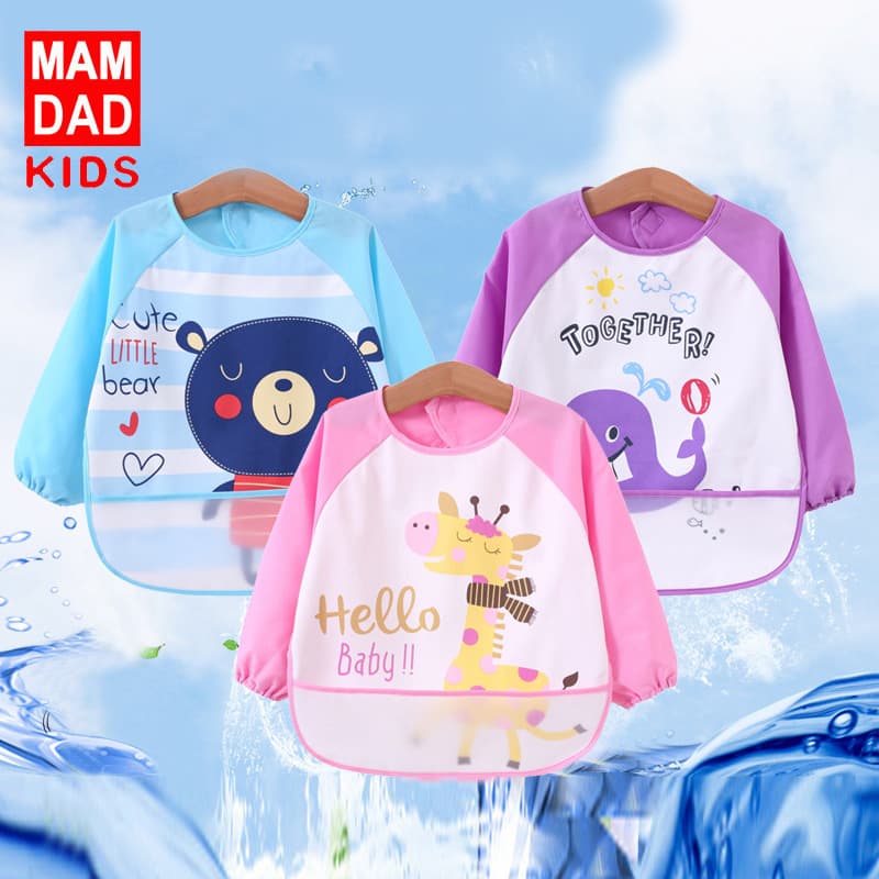 Waterproof Long Sleeve Children's Apron Meal Pocket Baby Feeding Vest Unisex Polyester Fabric A-Class Safety Cartoon Pattern