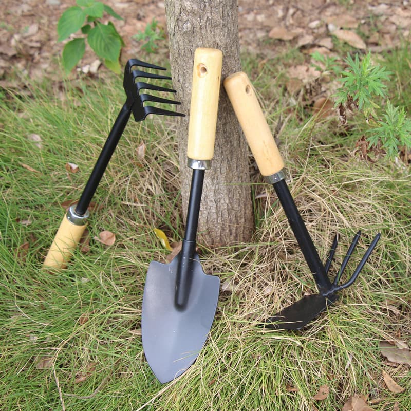 Selected Wooden Handle 3-Piece Gardening Tool Set - Shovel, Hoe, Rake for Flower Planting and Garden Landscaping