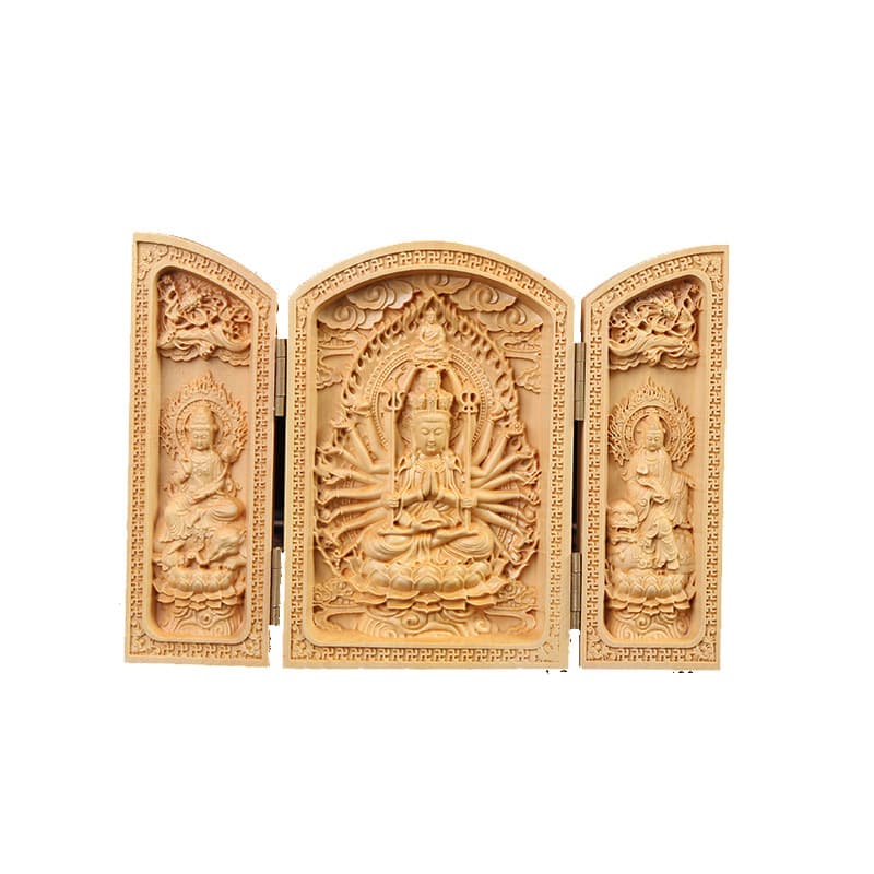 Factory Wholesale Boxwood Carved Three-Section Box Western Three Saints Buddha Statue Ornament Portable Shrine Wooden Craft Gift