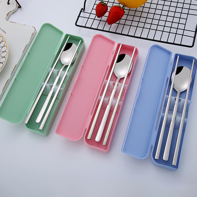 304 Stainless Steel Student Spoon and Chopsticks Utensil Box Gift Set / Two-Piece Cutlery Set, Chopsticks and Spoon Outdoor Portable Utensil Case