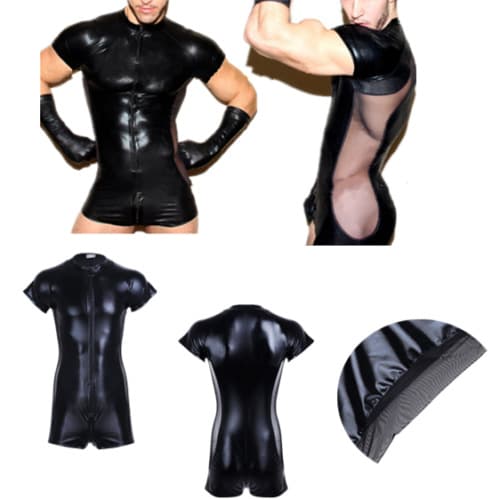 Factory direct supply of foreign trade sexy underwear Europe and America leather mesh splicing men's T-shirt shorts jumpsuit 6016