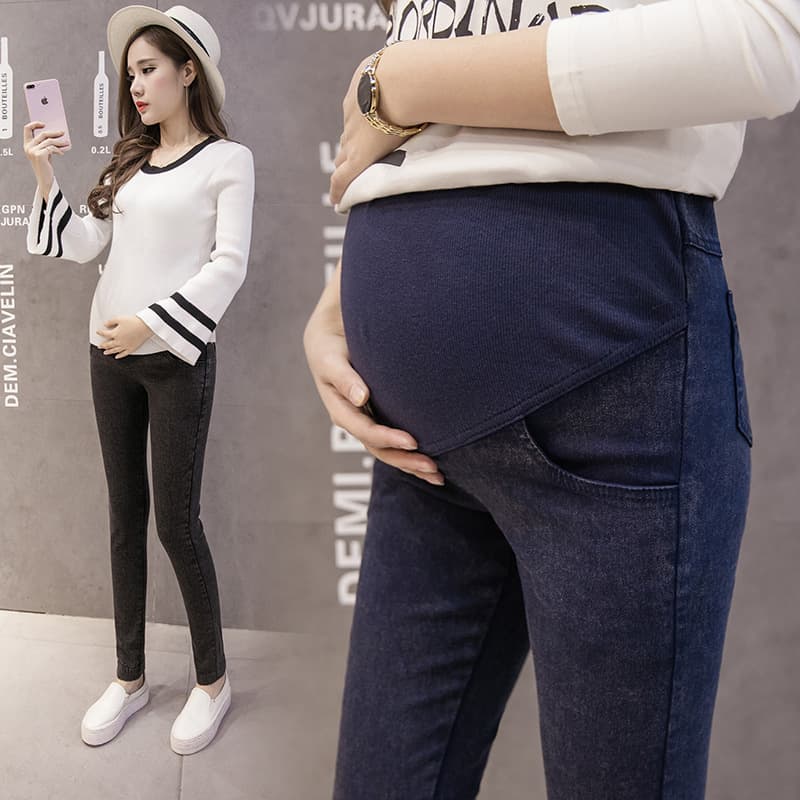 2024 Spring and Autumn New Maternity Pants Korean Style Washed Feet Belly Support Pants Stretch Slim Fit Denim Pants