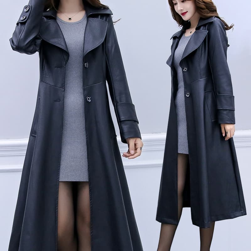 2023 Spring and Autumn New Plus-Size Women's Wear Leather Coat for 200 Jin Heavy Women Slimming Long Trench Coat [Real Shot 1923]